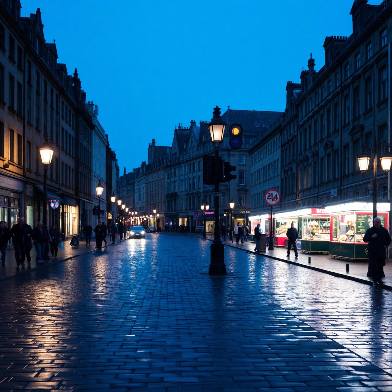 Cobblestone Edinburgh street at blue hour with glowing lanterns and Christmas market lights.