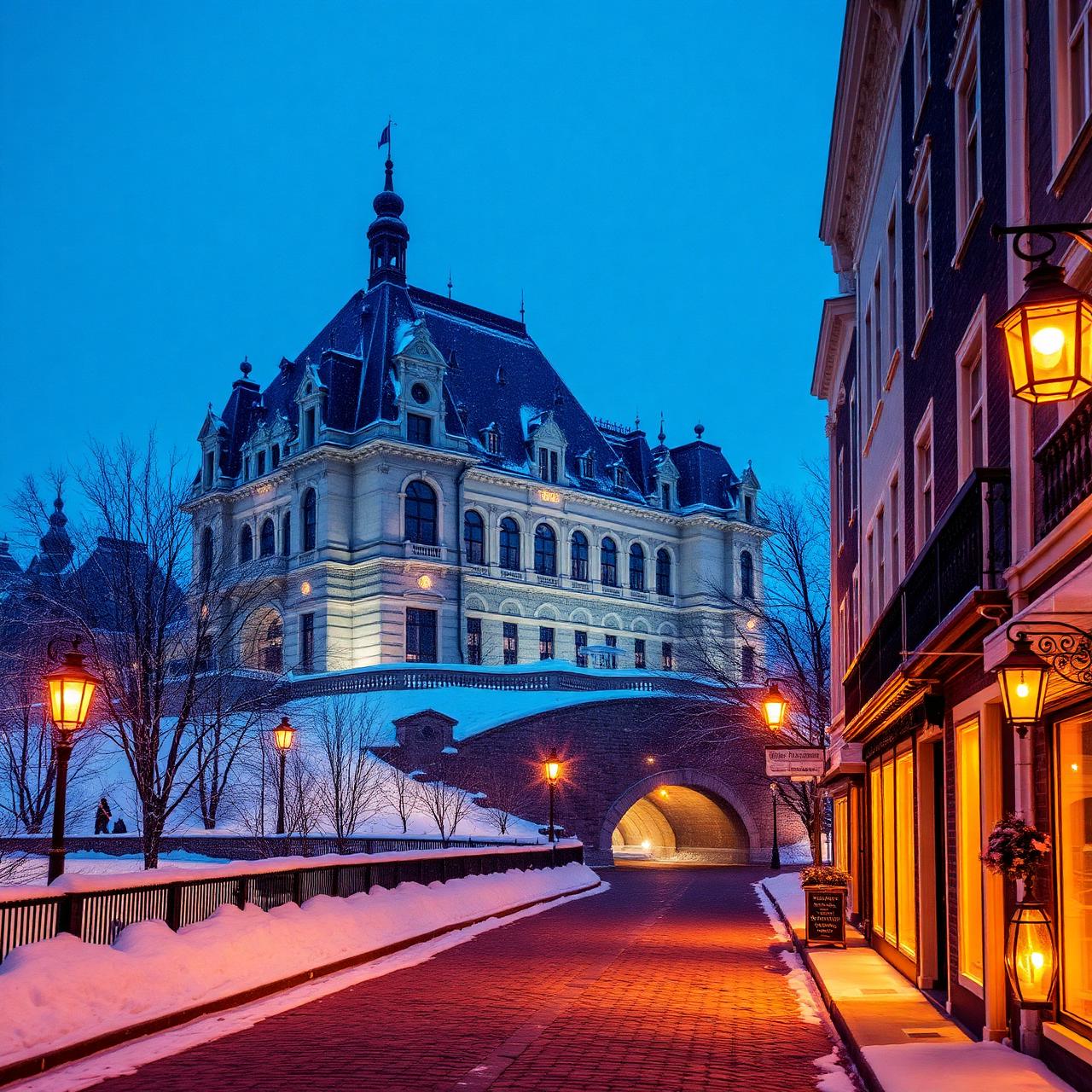 Chateau Frontenac at dusk over a snowy cobblestone street in Old Quebec.