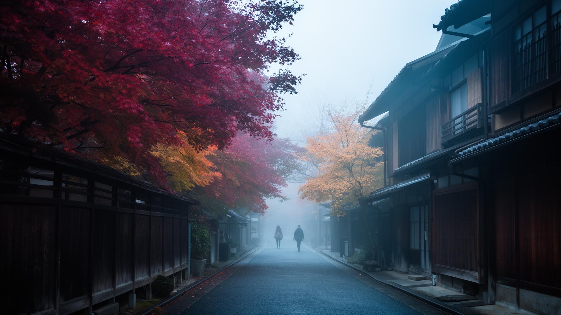Misty maple-lined street of traditional machiya houses in Kyoto in late autumn.